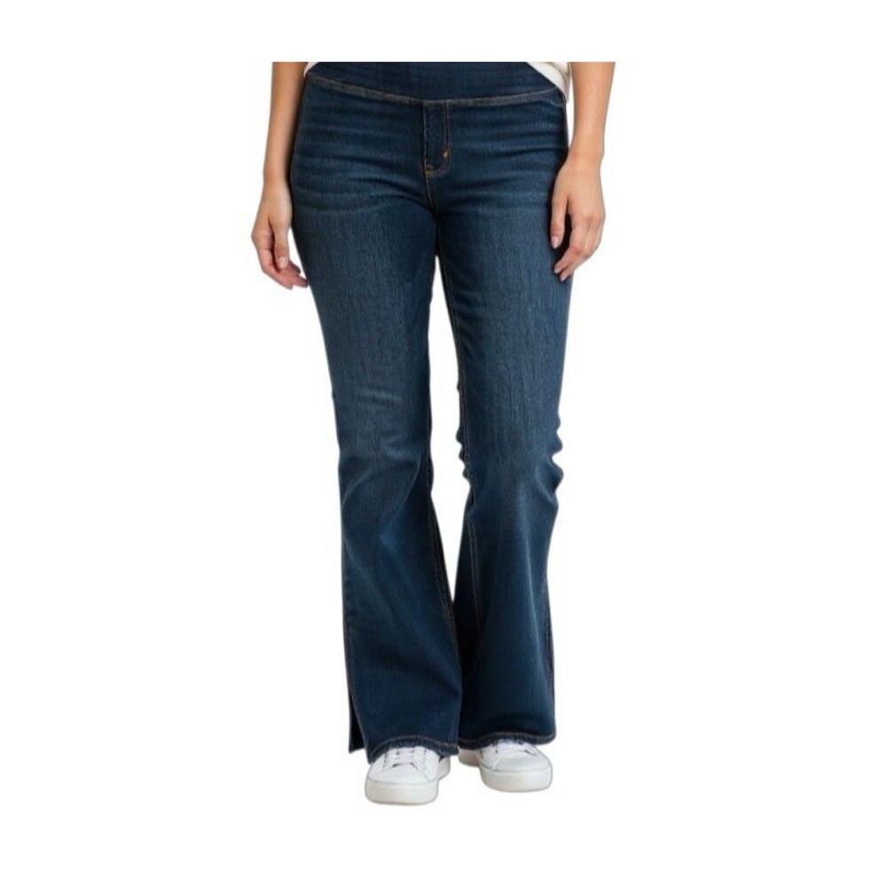 Soft Surroundings Ultimate Denim Pull On Flare Slit Hem Jeans Women Large Blue